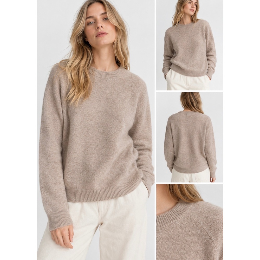 Zara Alpaca Wool Blend Fuzzy Crewneck Sweater Beige Tan Size M Raglan Sleeve